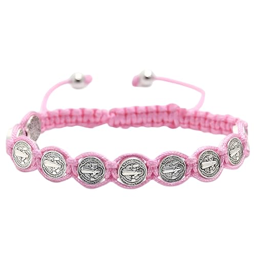 925 Sterling Silver San Benito Bracelet For Women And Men, Catholic Multicolor Bracelet St. Benedict Medal Hand Knitted Knot Coin Beaded Adjustable Religious Prayer Faith - color: Pink - San Benito Bracelet