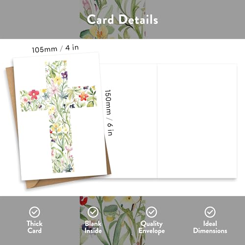 Easter Multipack Card Set, Religious Cards Pack of 6 - Thank You, Confirmation, Christening, Baptism, Sympathy - Floral Cross Design - Luxury Multi-pack of Six, Blank Inside with Premium Envelopes