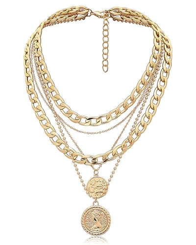 MJartoria Layered Necklaces for Women Trendy Retro Coin Pendant - color: Golden, style: A-Retro Coin-5 in 1 Layered