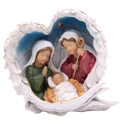Wowser Nativity Scene Figurine with Angel Wings, Holy Family Christmas Decoration, Mary Joseph Baby Jesus Statue, Religious Holiday Tabletop Decor, 6.5 Inch Resin Keepsake Gift