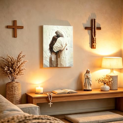 Christian Wall Art Framed Textured Jesus Canvas Embracing Woman 12x16 Inch - color: Jesus&Woman, size: 16"L x 12"W