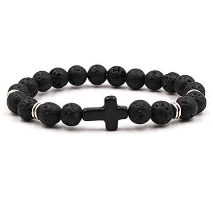 Softones 4PCS Cross Beads Bracelet for Men Women 8mm Healing Lava Stone Stretch Bracelets,7.5" - color: A:4Pcs a set
