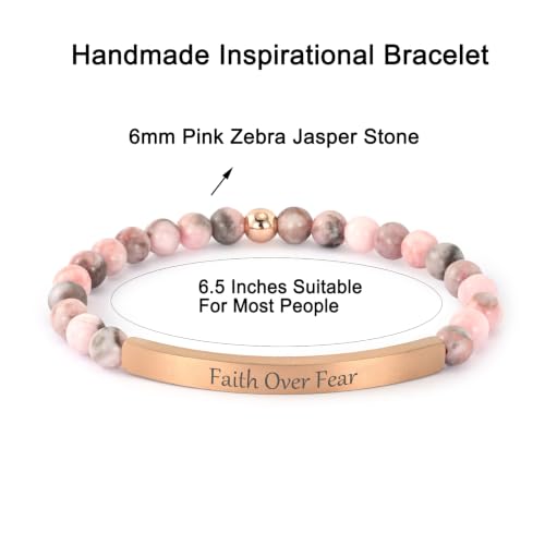Inspirational Bracelets for Women,18K Gold Plated Christian Bible Verse Faith Jewelry, Religious Jesus Prayer Gift for Mom, Sister, Friend - color: FAITH OVER FEAR-Pink Zebra Jasper-Rose Gold