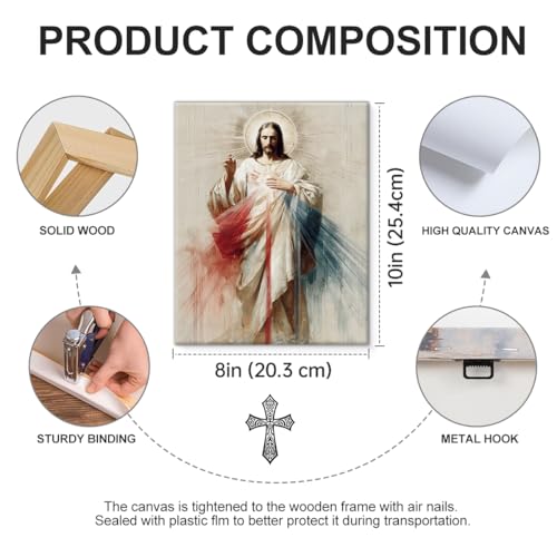 Christian Jesus Sacred Heart Wall Art Decor - Divine Mercy of Jesus Canvas Print Picture Religious Wall Decor for Home Prayer Room 8x10 Inch Framed - color: color-U