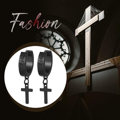 Cupimatch 3-6 Pairs Stainless Steel Cross Dangle Huggie Hinged Hoop Earrings for Men Women (1 Pair Silver Cross) for Mother's Day - color: dangle-black-2pack