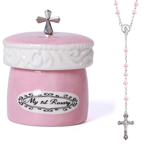 My First Rosary Cross for Girl Keepsake Box and Rosary Gifting Set, Pink
