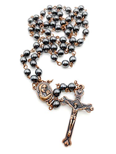Nazareth Store Hematite Rosary Beads Black Stone Catholic Rosary Necklace with Jerusalem Holy Soil & Cross Antique Religious Rosaries Beads Collection - color: Bronze Color Chain