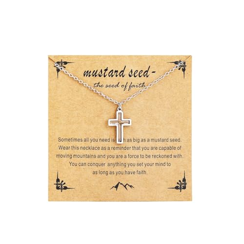 Mustard Seed Necklace - Rectangle, Round, Mountain, Hill Christian Faith Geometric Religious Inspirational Gift With Message Card - color: Silver, style: Cross