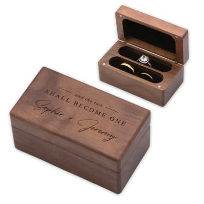 MUUJEE Custom Name Wedding Ring Box - Quad Slot Walnut Wood Ring Holder - color: Custom Two Become One