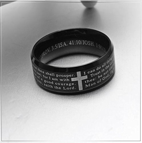 Men's Stainless Steel Bible Verse Christian Lord's Prayer Cross Ring Wedding Bands Engraved Praying - color: Black