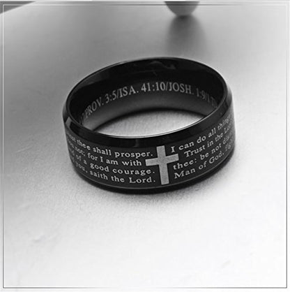 Men's Stainless Steel Bible Verse Christian Lord's Prayer Cross Ring Wedding Bands Engraved Praying - color: Black