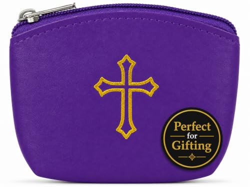 Violet Rosary Pouch with Zipper & Gold St. Thomas Cross Imprint | Compact Leatherette Rosary Case for Small to Medium Rosaries | Protective Travel Rosary Holder for Men & Women - color: Violet