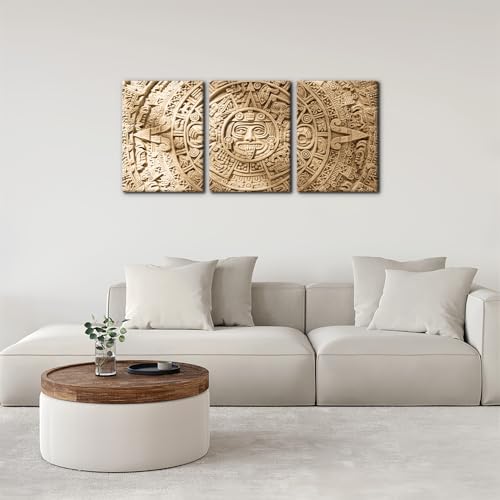 Pacimo 3 Pieces Framed Wall Art Decorations Aztec Calendar Painting Print on Canvas Mayan Civilization Wall Art for Home Office Decor Aztec Culture Modern Artwork Ready to Hang - 12"x16"x3 - color: Wallart-02, size: 12"x16"x3 Panels