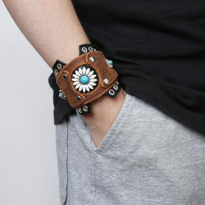 HZMAN Leather Bracelets Retro Men's Leather Cuff Bracelet Adjustable Wide Wristband Bracelet Jewelry Gift - color: Brown - Sunflower