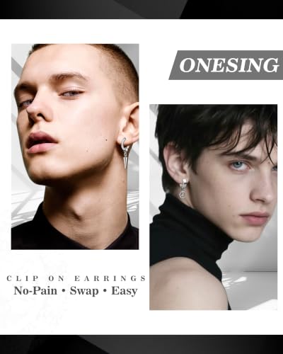ONESING 20-25 Pcs Clip On Earrings for Men - Dangle Hoop Sterling Non Pierced Fake Piercings - Stainless Steel Silver - color: Silver-25pcs