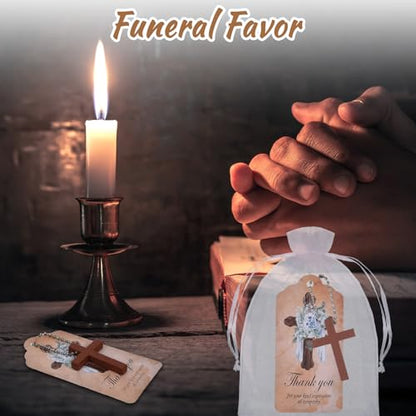 100 Sets Funeral Favors Wooden Cross Angel Keychain, Memorial Decorations for Celebration of Life Thank You Cards Organza Bags for Guest Baptism Religious Communion Family Friends Christian Gifts - style: Card 1