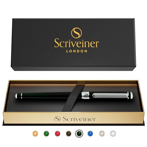 Scriveiner Black Green Rollerball Pen - Stunning Luxury Pen, Chrome Finish, Schmidt Ink Refill, Best Roller Ball Pen Gift Set for Men & Women, Professional, Executive Office - color: 15. Very Dark Black Green with Chrome