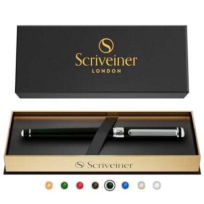 Scriveiner Black Green Rollerball Pen - Stunning Luxury Pen, Chrome Finish, Schmidt Ink Refill, Best Roller Ball Pen Gift Set for Men & Women, Professional, Executive Office - color: 15. Very Dark Black Green with Chrome