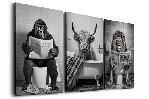 Funny Animal Canvas Wall Art - Black and White Bathroom Decor, Set of 3 Ready to Hang (12''x16'') - color: Bathroom