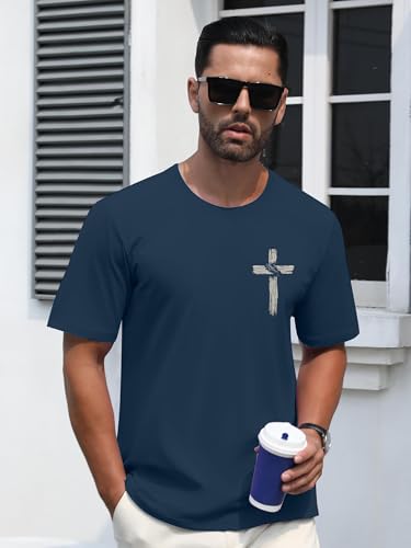 Christian Shirts for Mens Cross Jesus Graphic Tees - color: Blue, size: X-Large