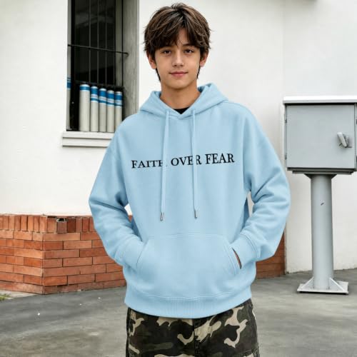 Fkatuzi Christian Faith Over Fear Hoodies For Teen Jesus Hoodie God Sweatshirt Bible Verse Religious Graphic Tops - color: Light Blue, size: Medium