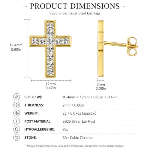 Dainty Cross Stud Earrings for Women, S925 Silver posts gold plated - color: Yellow Gold