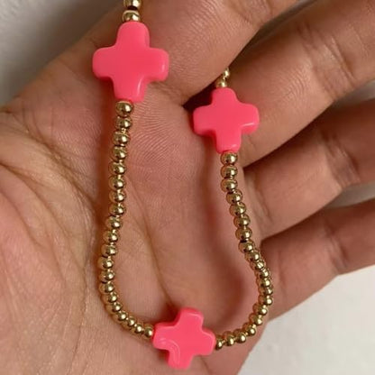 Colorful Cross Charm Bracelets for Women Men Adjustable Gold Plated Beaded Bracelet Boho Bead Ball Stretch Bracelet Birthday Summer Beach Jewelry - color: Rose Red