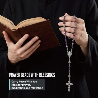 8mm Glass Pearl Rosary - Catholic Necklace for Men and Women Comes in a Metal Gift Box, First Communion Rosary Necklace as Gifts - color: Purple