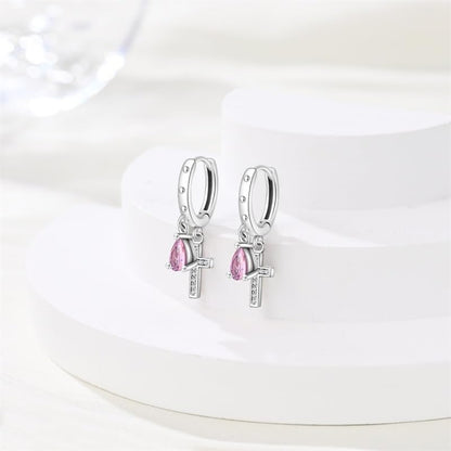 925 Sterling Silver Cute Animal Unique Huggie Hoop Earrings for Women - color: Pink Cross
