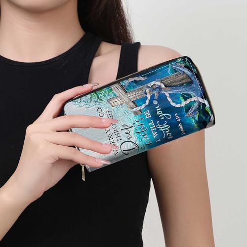 Cross and Anchor Quote Bible Verse Isaiah 43:2 Print Wallet for Women Large Capacity Wallet Credit Card Holder PU Leather Zipper Clutch Purse Phone Wallet - color: Cross and Anchor Quote Bible Verse Isaiah 43:2