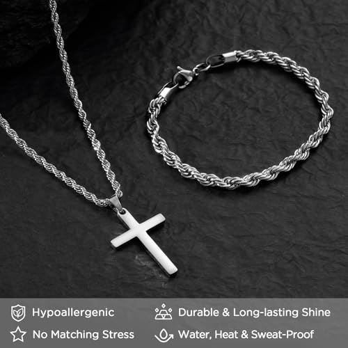 NORBU Stainless Steel Cross Necklace and Bracelet Set for Men, Cuban Link - color: Silver Rope