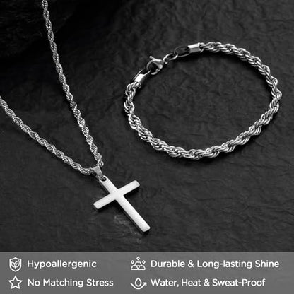 NORBU Stainless Steel Cross Necklace and Bracelet Set for Men, Cuban Link - color: Silver Rope