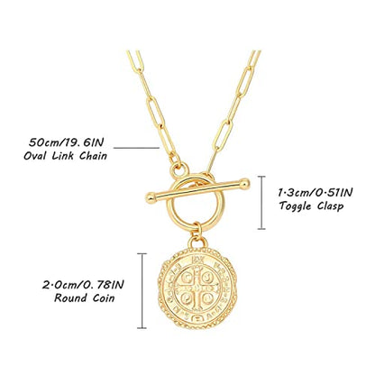 SOFYBJA Saint Benedict Necklace Drop 18K Gold Toggle Medallion Coin Cross Pendant Necklaces Religious Jewelry Catholic Gift for Women - color: St Benedict Medal