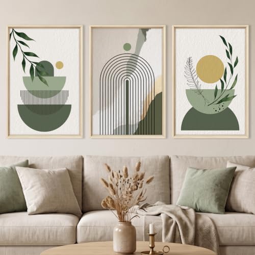 HOURIA Boho Sage Green Geometric Framed Canvas Wall Art Set- 16"x24"x3 - color: Boho Sage Green Wall Art, size: 16"L x 24"W