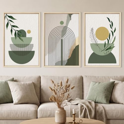 HOURIA Boho Sage Green Geometric Framed Canvas Wall Art Set- 16"x24"x3 - color: Boho Sage Green Wall Art, size: 16"L x 24"W