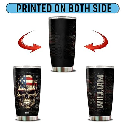 Personalized American Flag Skull Tumbler Gifts for Men Travel Cup Coffee Mug Insulated Stainless Steel 20oz With Lid Water Bottle Gift for Dad Him Husband Son - color: SKULL FLAG