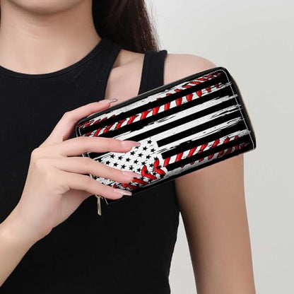 American Flag Baseball Background Print Wallet for Women Large Capacity Wallet Credit Card Holder PU Leather Zipper Clutch Purse Phone Wallet - color: American Flag Baseball Background
