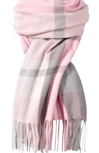 Winter Scarf for Women Plaid Long Oversized blanket Shawl Wraps Gift - color: Pink & Grey