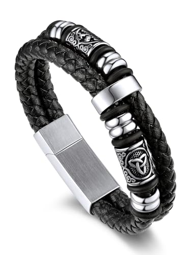 Bandmax Men's Black Double Wax Rope Bracelet Waterproof Stainless Steel Norse Style Celtic Knot Beads Wristband 7-9 Inch Gift for Men Father Husband Son Grandson - color: 01 Silver Tone, size: 9.8 Inches (25cm)