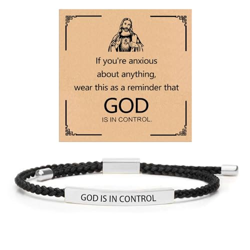 God is in Control Leather Bracelet, Stainless Steel Christian Faith Braided Engraved Bar Bracelets Self Worth Motivation Bracelet Inspirational Friendship Jewelry for Men Women - color: Black&Silver