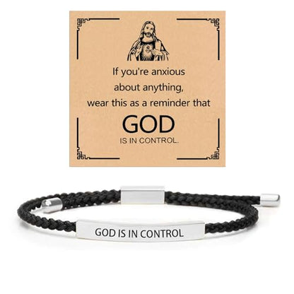 God is in Control Leather Bracelet, Stainless Steel Christian Faith Braided Engraved Bar Bracelets Self Worth Motivation Bracelet Inspirational Friendship Jewelry for Men Women - color: Black&Silver