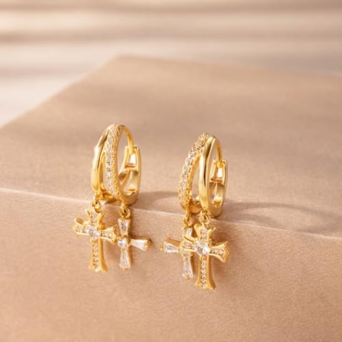 Double Huggie Hoop Earrings with Charms Cross Dangle Earrings Gold/Silver Double Cross Drop Hoop Earrings for Women Men Trendy - style: Style A-Gold
