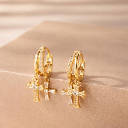 Double Huggie Hoop Earrings with Charms Cross Dangle Earrings Gold/Silver Double Cross Drop Hoop Earrings for Women Men Trendy - style: Style A-Gold