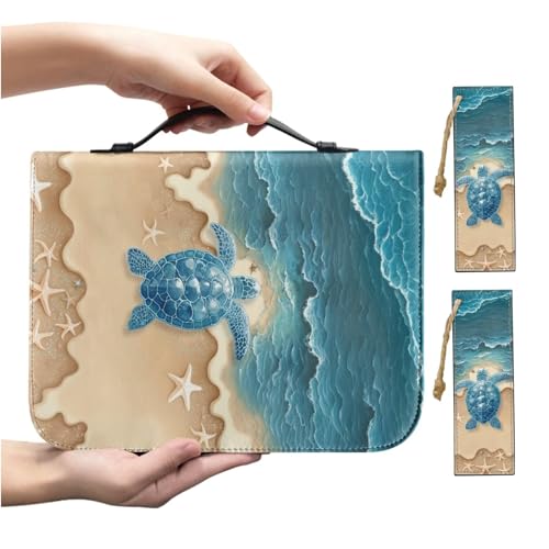 Beach Blue Turtle Starfish Print PU Leather Bible Cover Church Bible Bag with Bookmarks Book Covers Carrying Bible Case with Zippered Pockets for Prayer, 2XL - color: Beach Blue Turtle Starfish, size: XX-Large