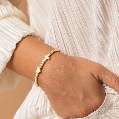 Turandoss Gold Cross Bracelet for Women Heart Beaded Bracelet Faith Jewelry - color: Dainty Cross Bracelet
