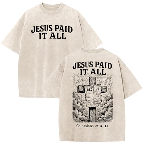 Christian Shirts for Men Religious Cross Bible Verse Jesus Faith Oversized T Shirt Graphic Vintage Acid Wash Tees - color: Apricot, size: XX-Large