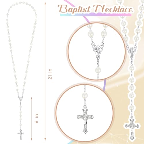 ROCEEI Catholic Rosary Necklace Pearl Rosary Bead with Box - color: White