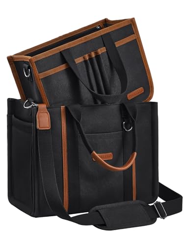 FIORETTO Women’s Canvas Tote Bag Purse with Zipper, Multi Compartment & Reinforced Bottom, Ideal for Work, Bible, Travel - color: Black, size: Medium, style: Detachable Organizer