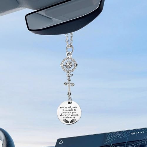 Christian Cross Car Hanging Charm - Bible Verse He Will Order His Angels to Protect You Rear View Mirror Hanger, Religious Gift for Christians - color: For He Will Order His Angels to Protect You Wherever You Go