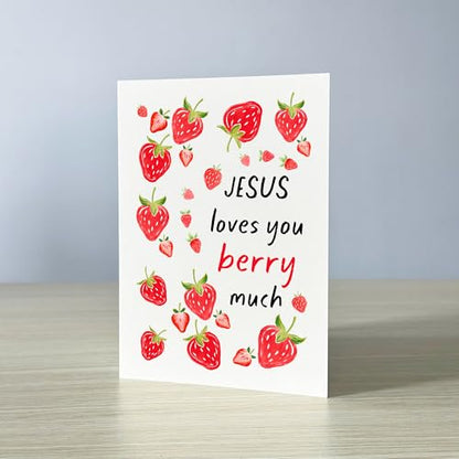 Jesus Loves You Berry Much Pun Card Sweet Christian Encouragement Cards Bible-Inspired Gift for Faith Prayer Friend Family Sunday School Student Bestie Coworker - color: Jesus Loves You Berry Much